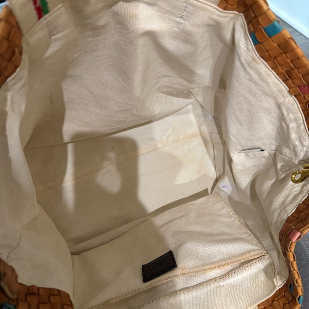 Woven Tan Leather Tote Bag with Multicolor Stripes - Picture 7 of 10